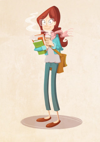 Diseño de personajes de mujer con café y libros.
