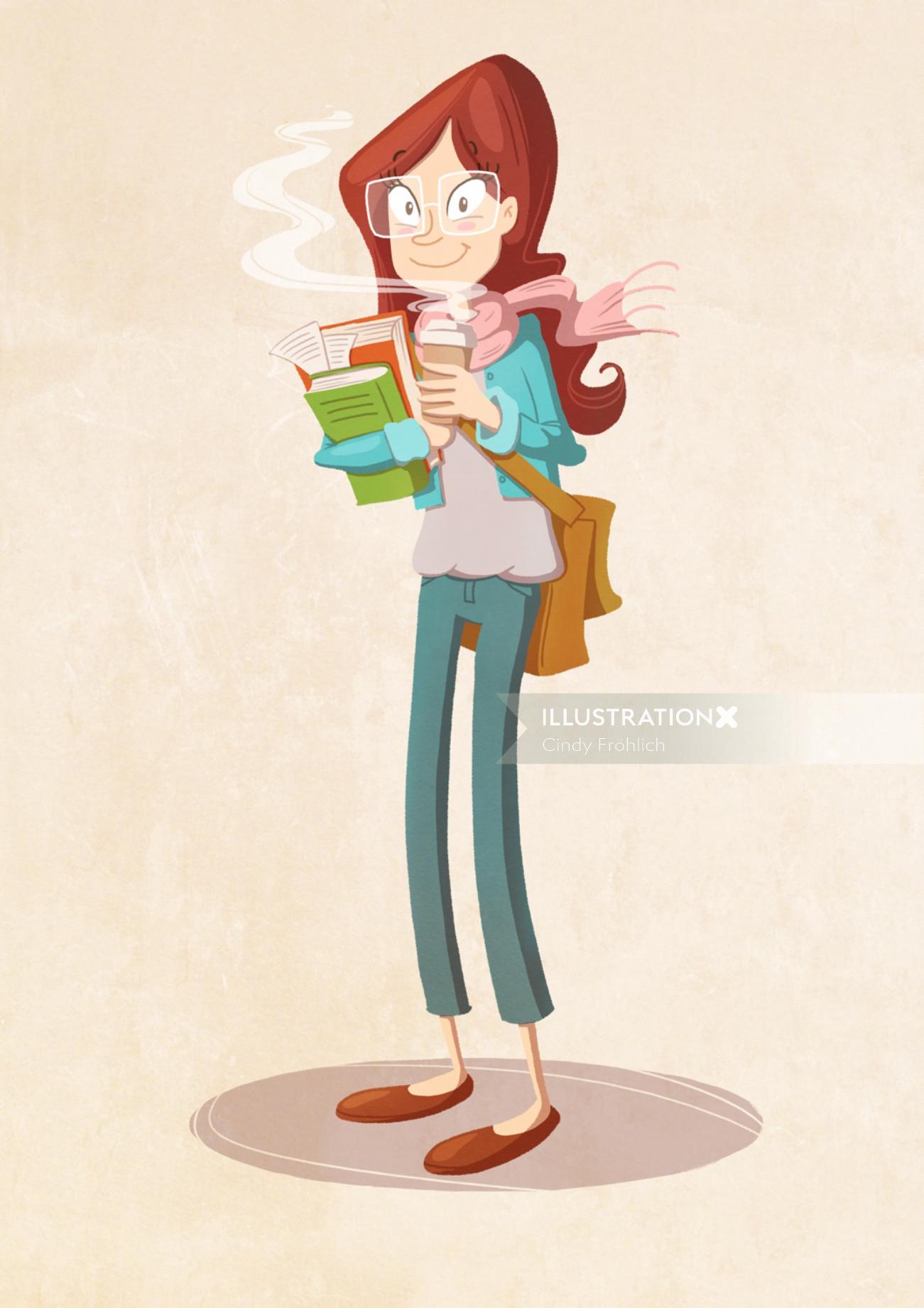 コーヒーと本を持つ女性のキャラクターデザイン