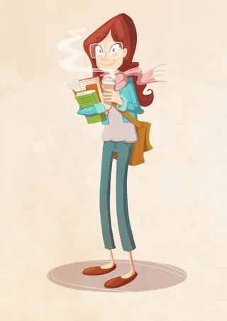 character design of woman with coffee and books
