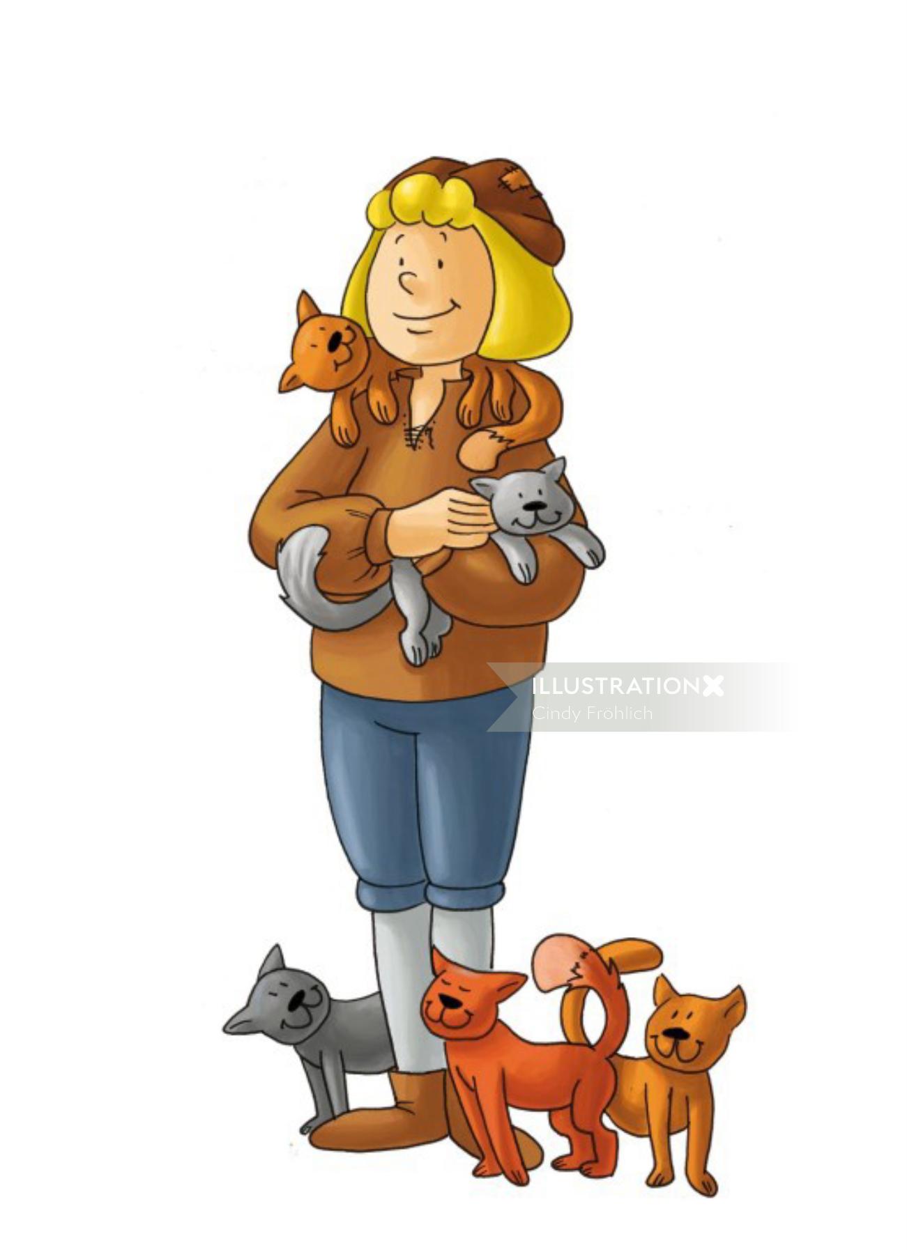 character design woman with cats
