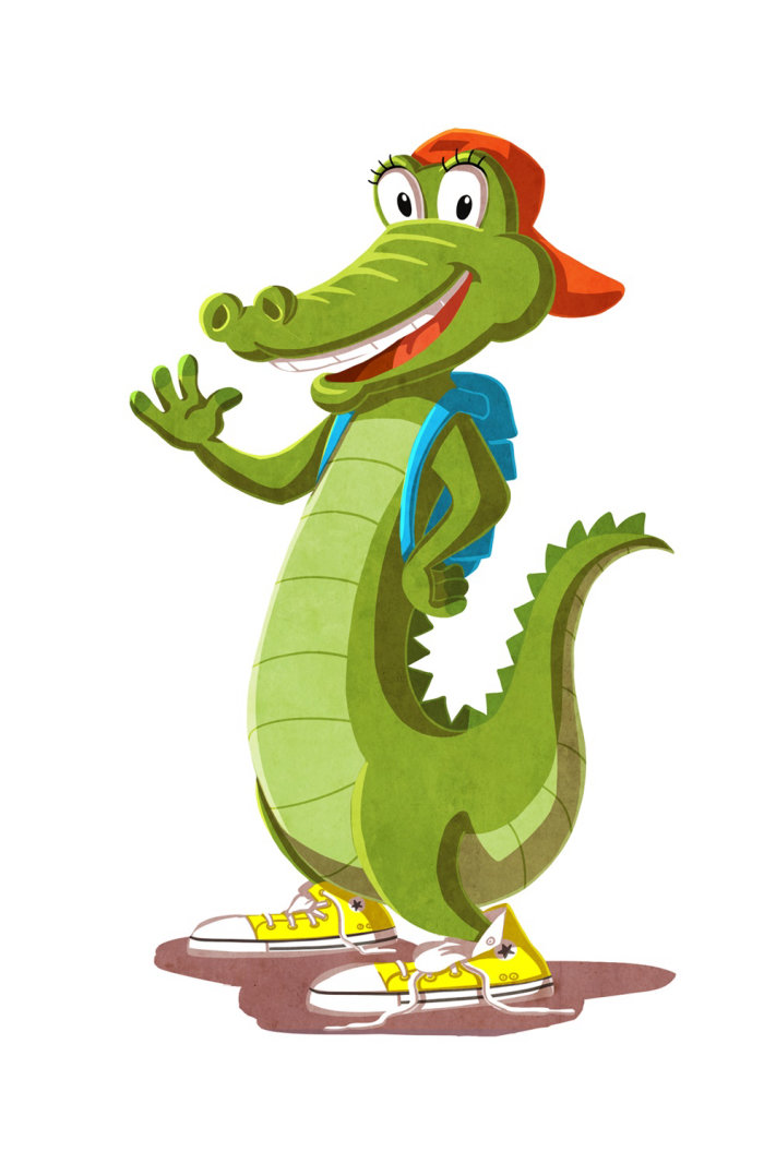Crocodilo de desenho animado e humor com mochila