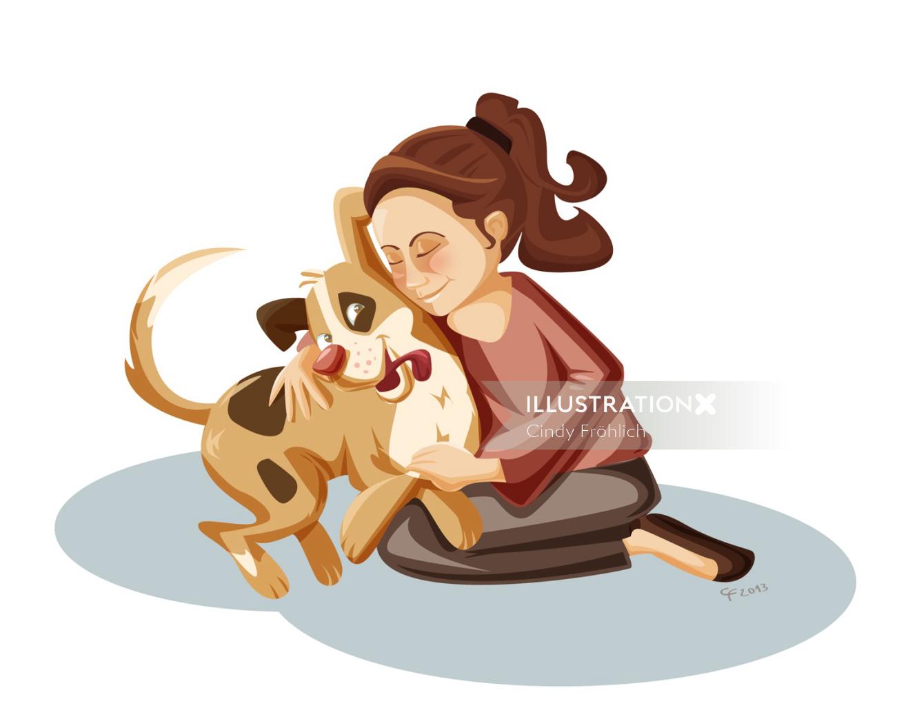 女性と犬の子供のイラスト