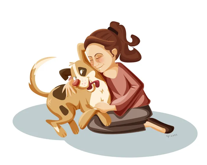 Children illustration of woman and dog
