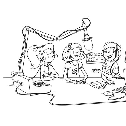 :Line drawing of kids in radio station
