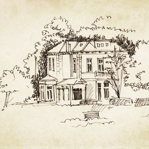 Line illustration of house with trees
