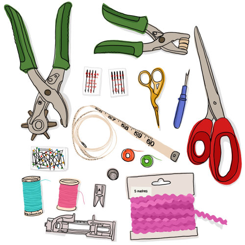 Hand drawn sewing equipment by Claire Rollet