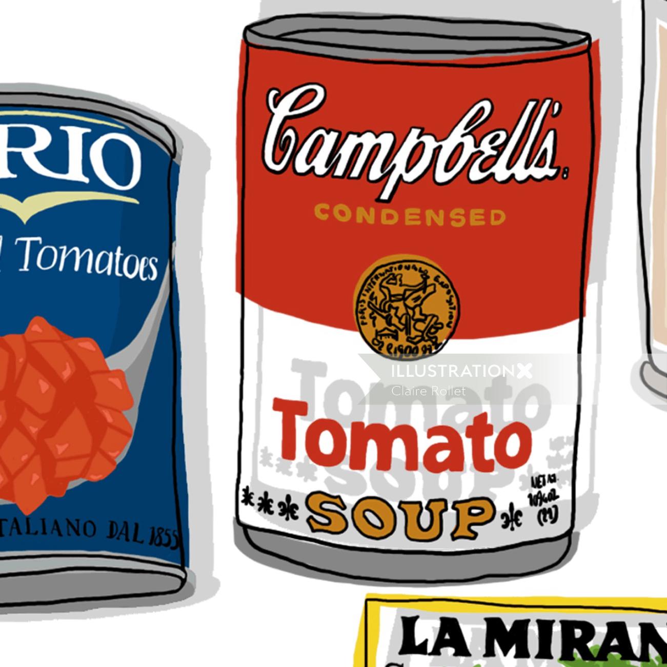 ilustración del envase de la sopa Campbell de Claire Rollet