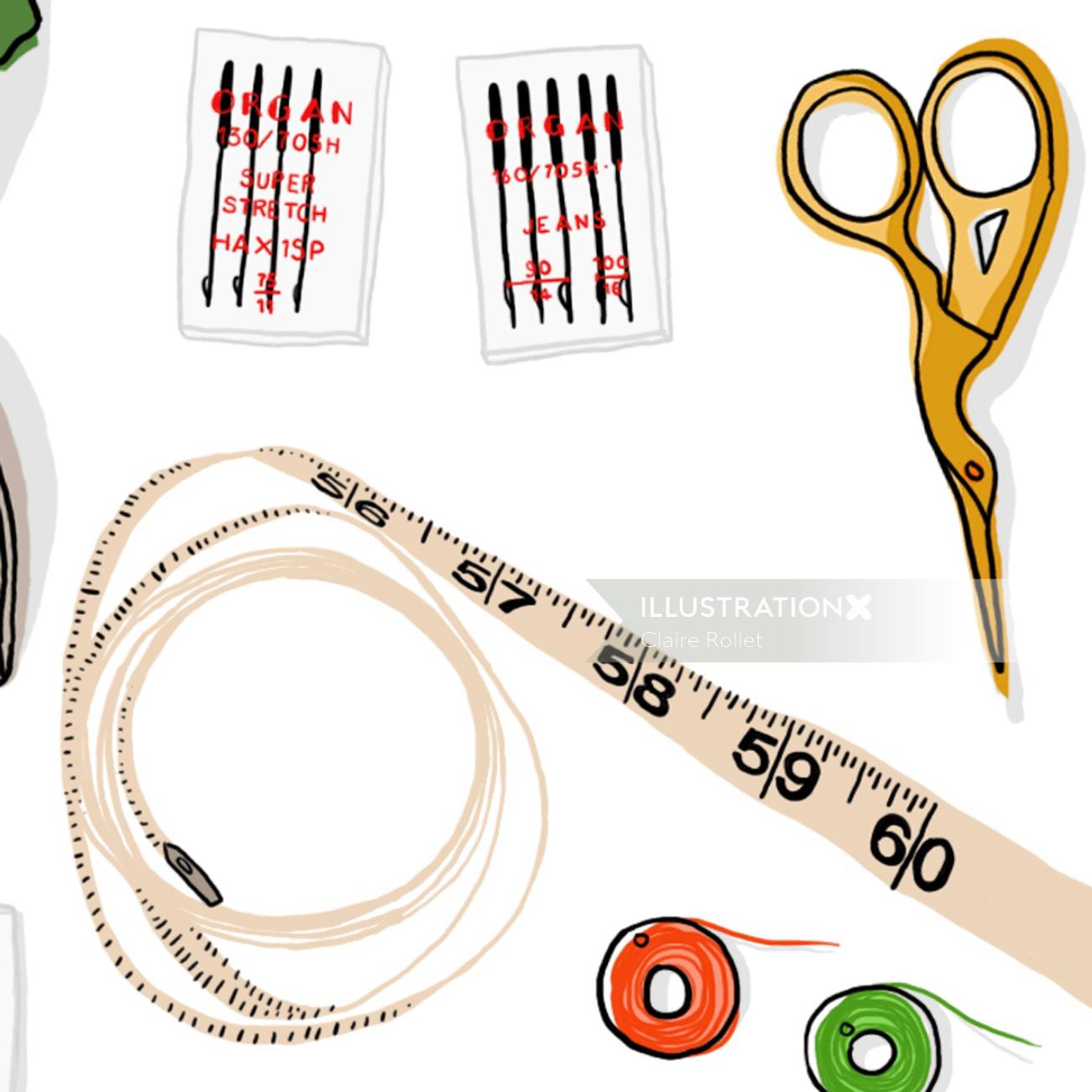illustration of sewing tools by Claire Rollet