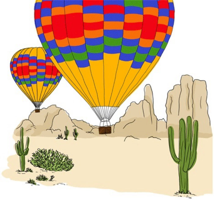 Dessin de montgolfières dans le désert par Claire Rollet