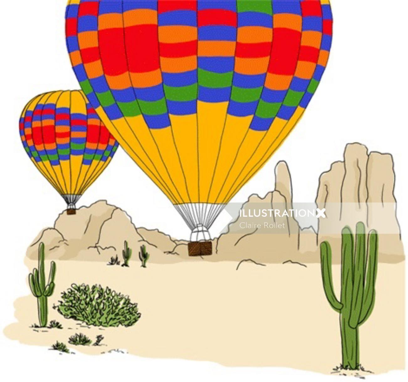 Dibujo de globos aerostáticos en el desierto de Claire Rollet