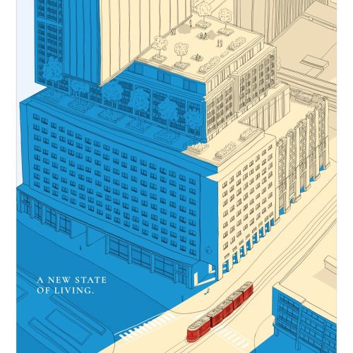 isometric view from above illustration of the United Building Toronto by Claire Rollet