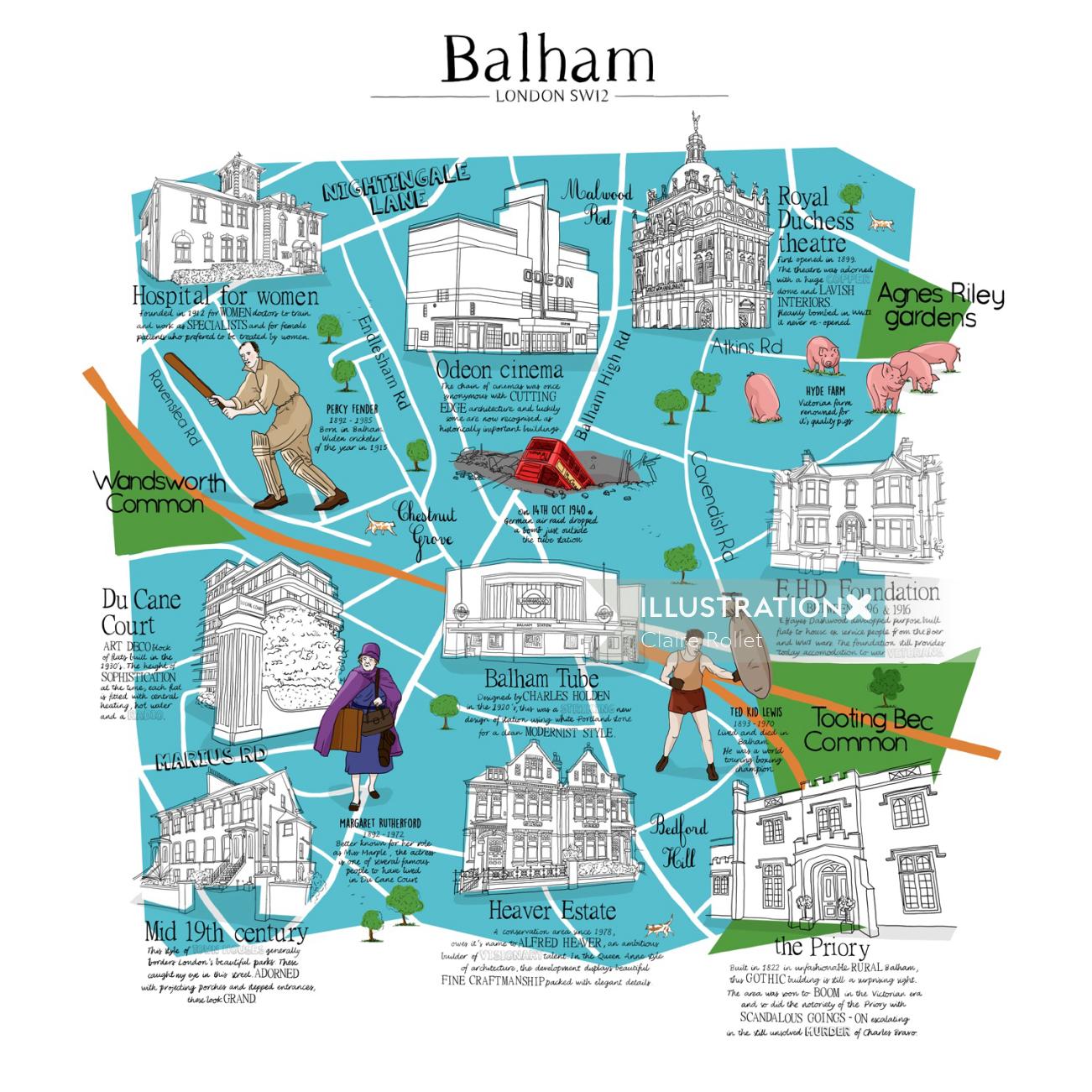 illustrated map of interesting architecture in Balham London by Claire Rollet