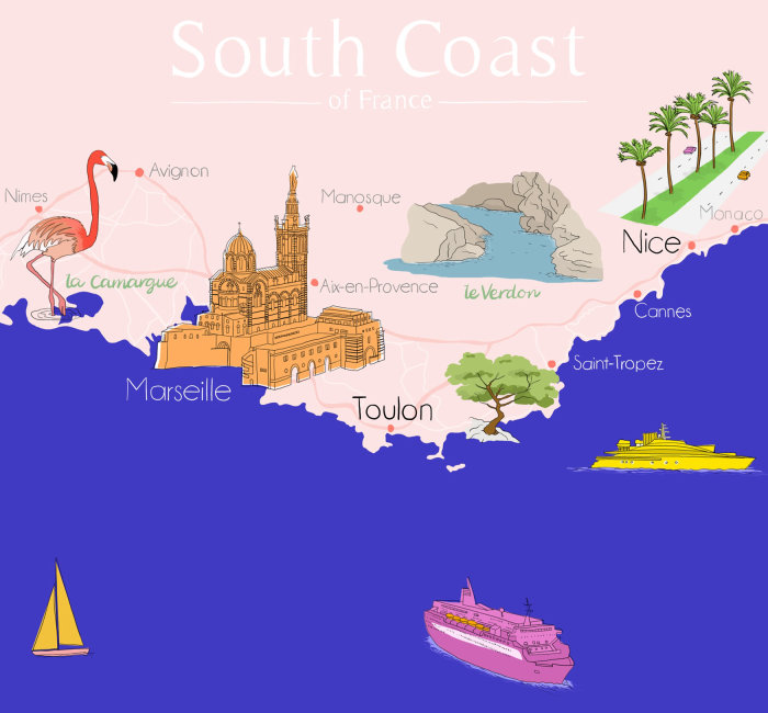 Os principais lugares e localizações da costa sul da França
