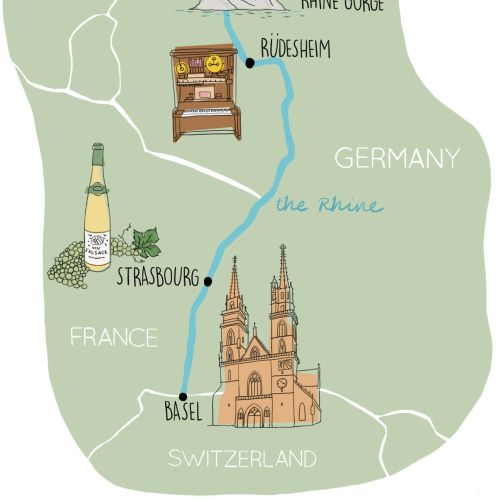 Rhine valley map, basel, cologne, strasbourg