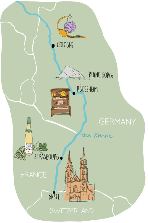 Rhine valley map, basel, cologne, strasbourg