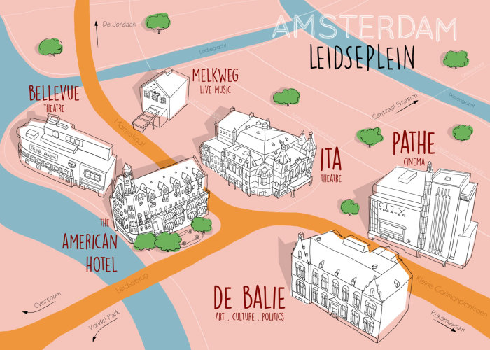 Localização do distrito dos teatros de Amsterdã em um mapa