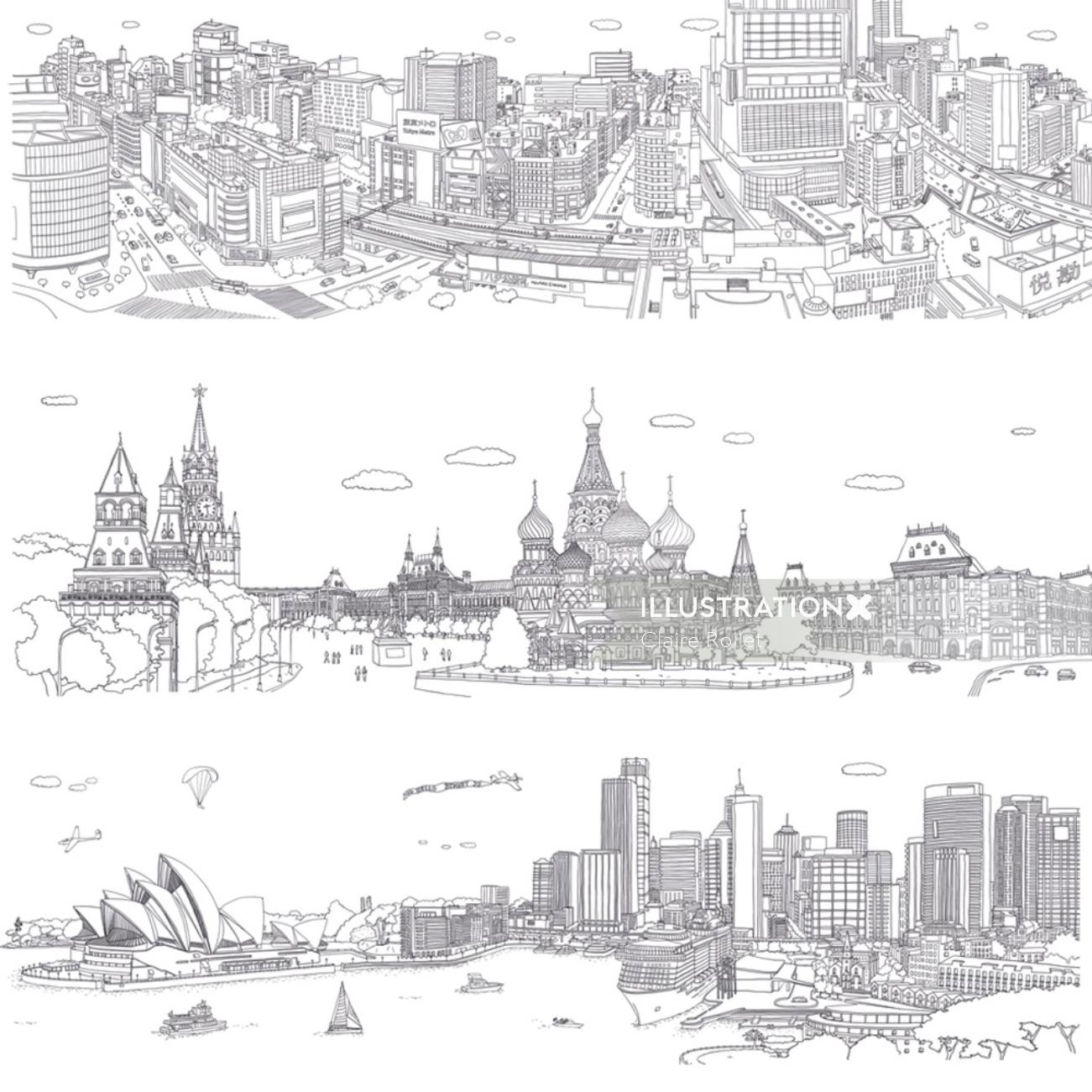 Monochromatic views of Tokyo, Moscow, and Sydney