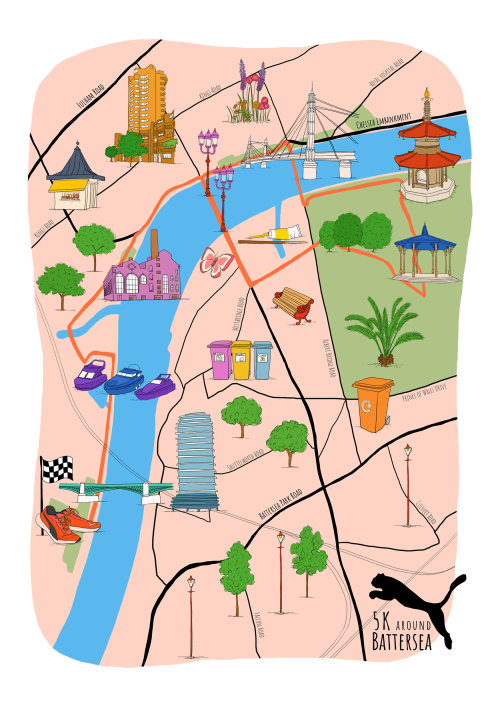 Illustration of 5k running route map around Battersea, London