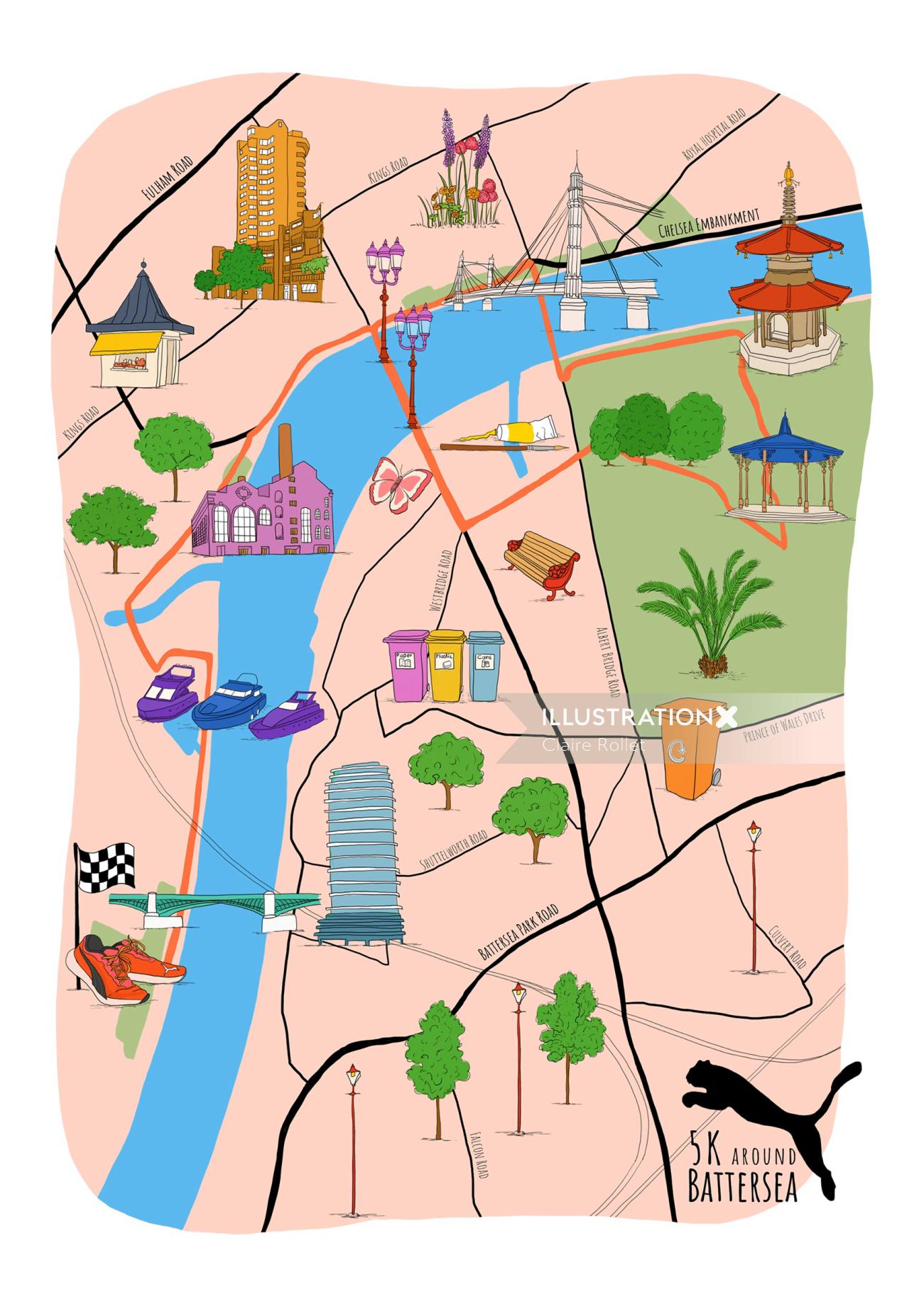 Illustrated map of best running route Battersea by Claire Rollet