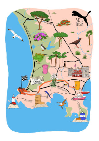 Une carte montrant le parcours de course de 5 km sur l&#39;île de Jersey