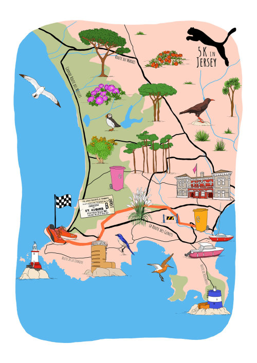 Rota de corrida de 5k ilustrada como mapa da Ilha de Jersey desenhado por Claire Rollet