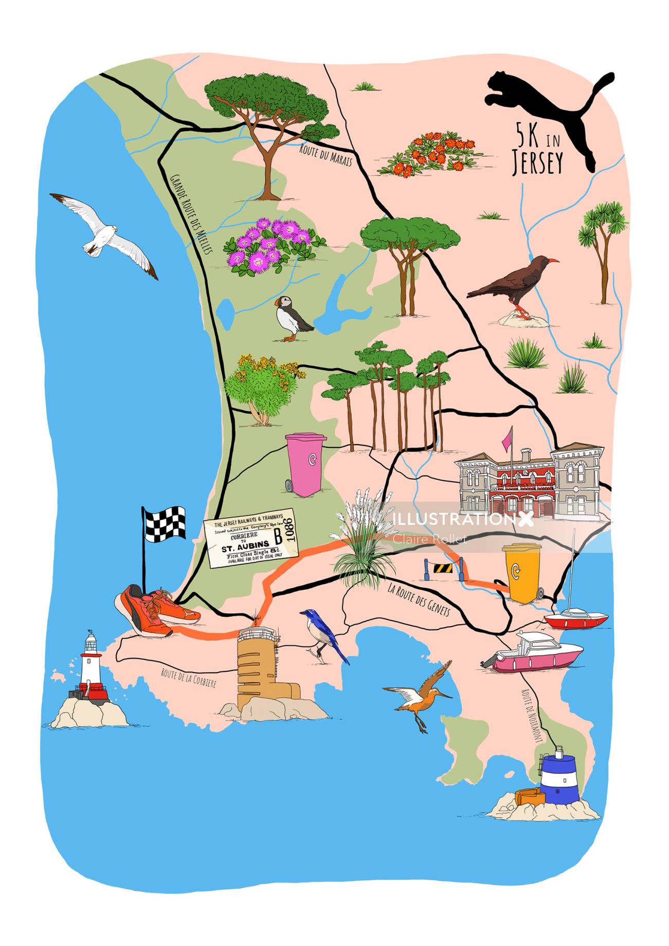 Un mapa que muestra la ruta de carrera de 5 km en la isla de Jersey