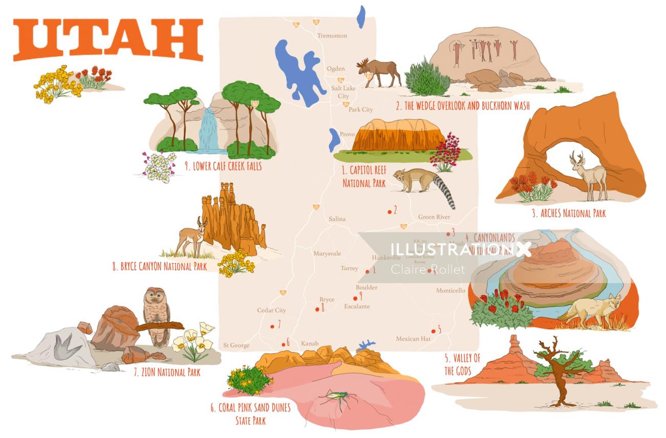 map of Utah's national parks illustrated by Claire Rollet