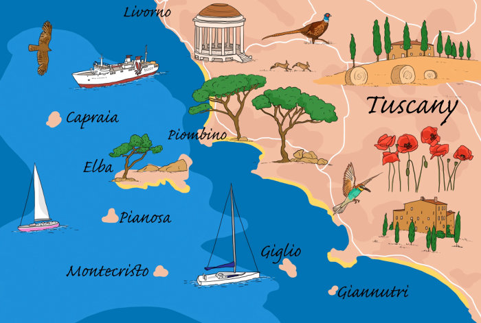 Mapa detalhado da ilha da Toscana para planejamento de férias