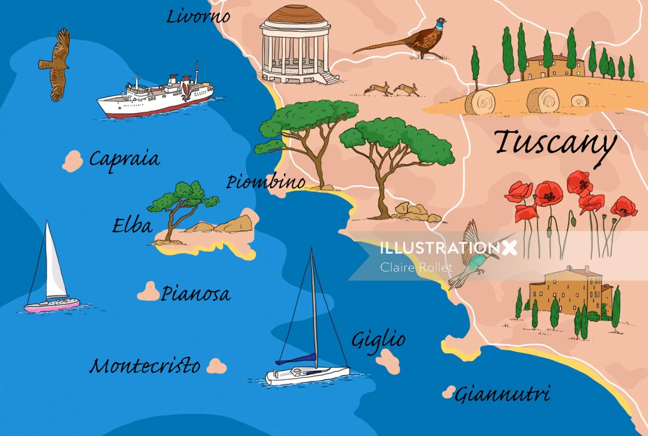 travel map illustration of Tuscany islands by Claire Rollet