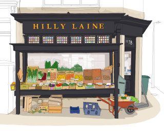Desenho de linha da mercearia local de Brighton, Hilly Laine
