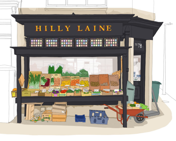 Desenho de linha da mercearia local de Brighton Hilly Laine