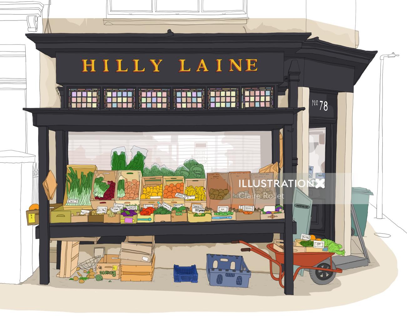 Line drawing of Local Brighton grocery shop Hilly Laine