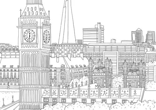 Paisagem urbana de Londres em preto e branco com o Big Ben e o The Shard por Claire Rollet