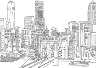 Line drawing of an aerial view of Manhattan