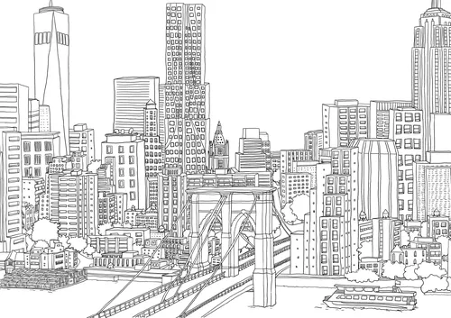 Line drawing of an aerial view of Manhattan