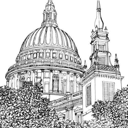 A black and white illustration of St. Paul's Cathedral