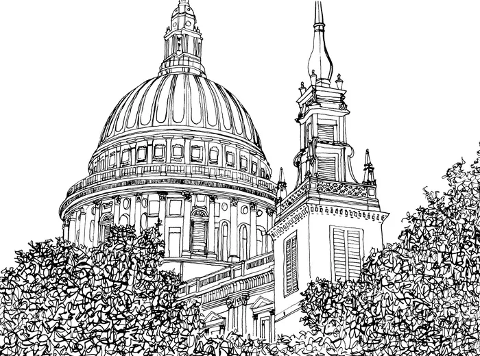 A black and white illustration of St. Paul's Cathedral