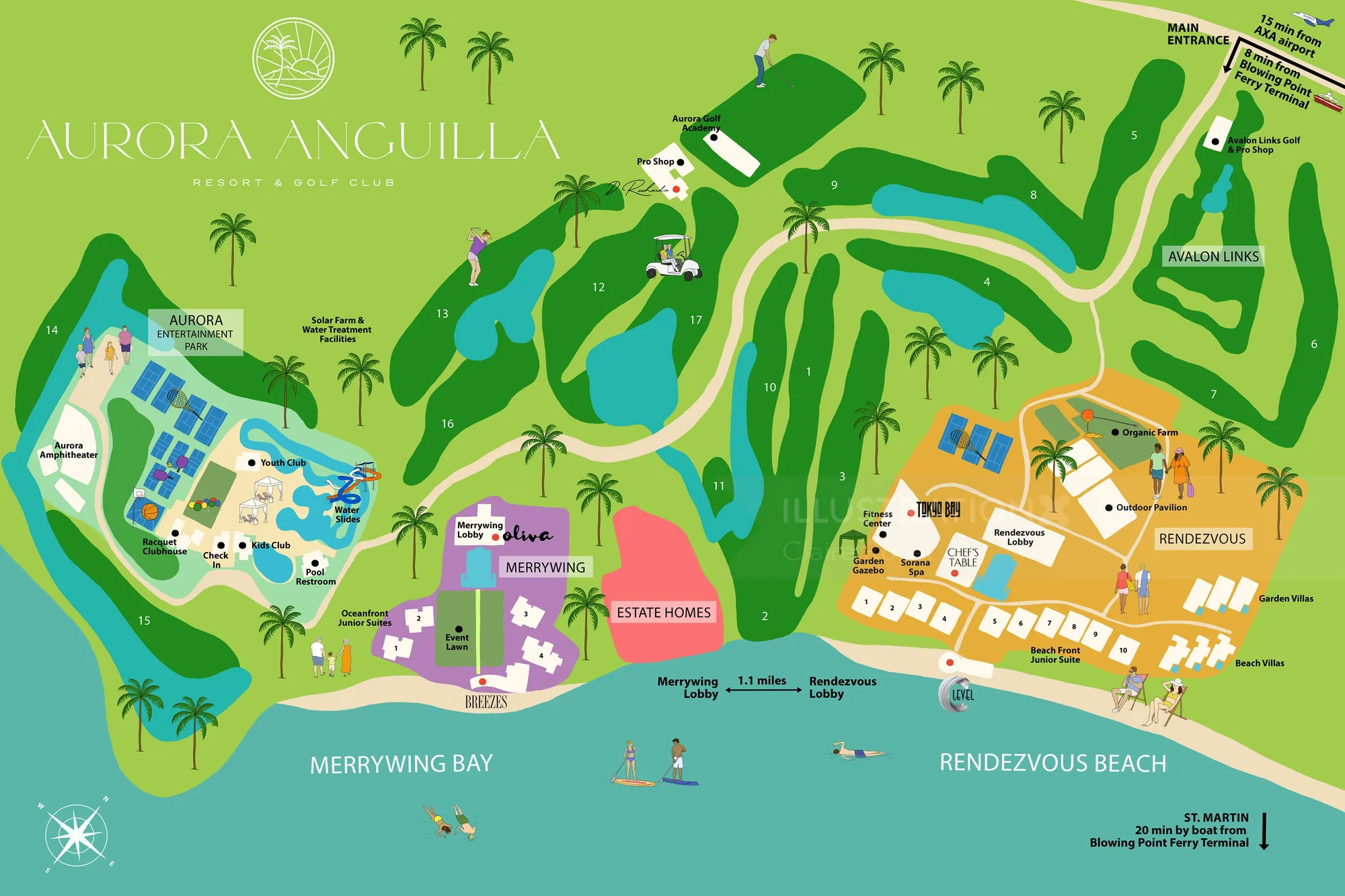 Caribbean vacation map with people and leisure scenes