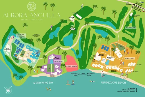 Caribbean vacation map with people and leisure scenes