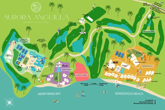 Caribbean vacation map with people and leisure scenes