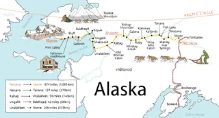 Dog-sled team crossing snowy Alaska