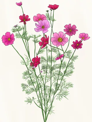 Delicate botanical drawing of cosmos bloom