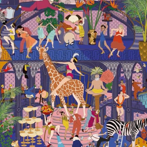 Colorful party scene with animals and people celebrating indoors