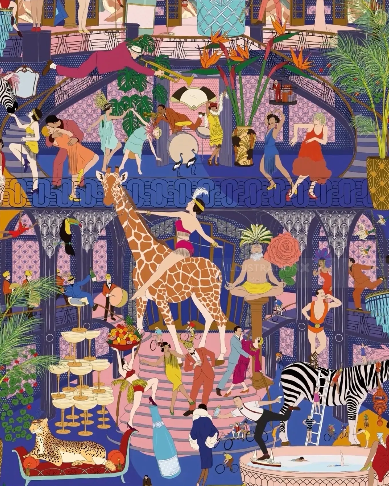 Colorful party scene with animals and people celebrating indoors