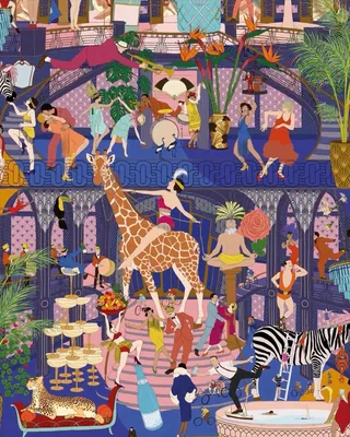 Colorful party scene with animals and people celebrating indoors