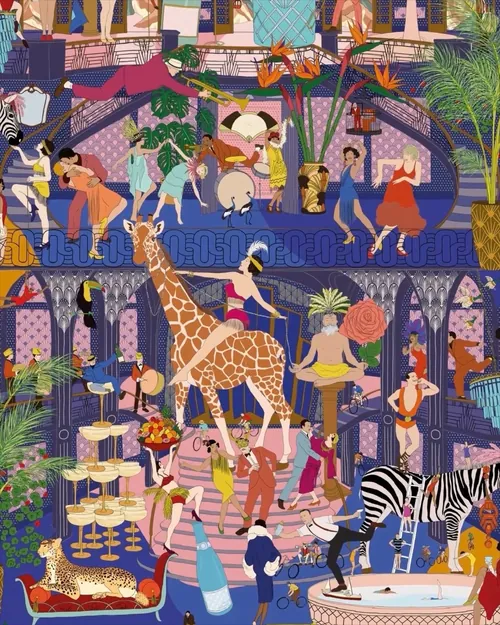 Colorful party scene with animals and people celebrating indoors