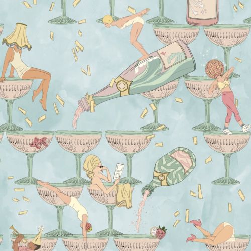 Pattern of champagne glasses with dancing women and confetti falling