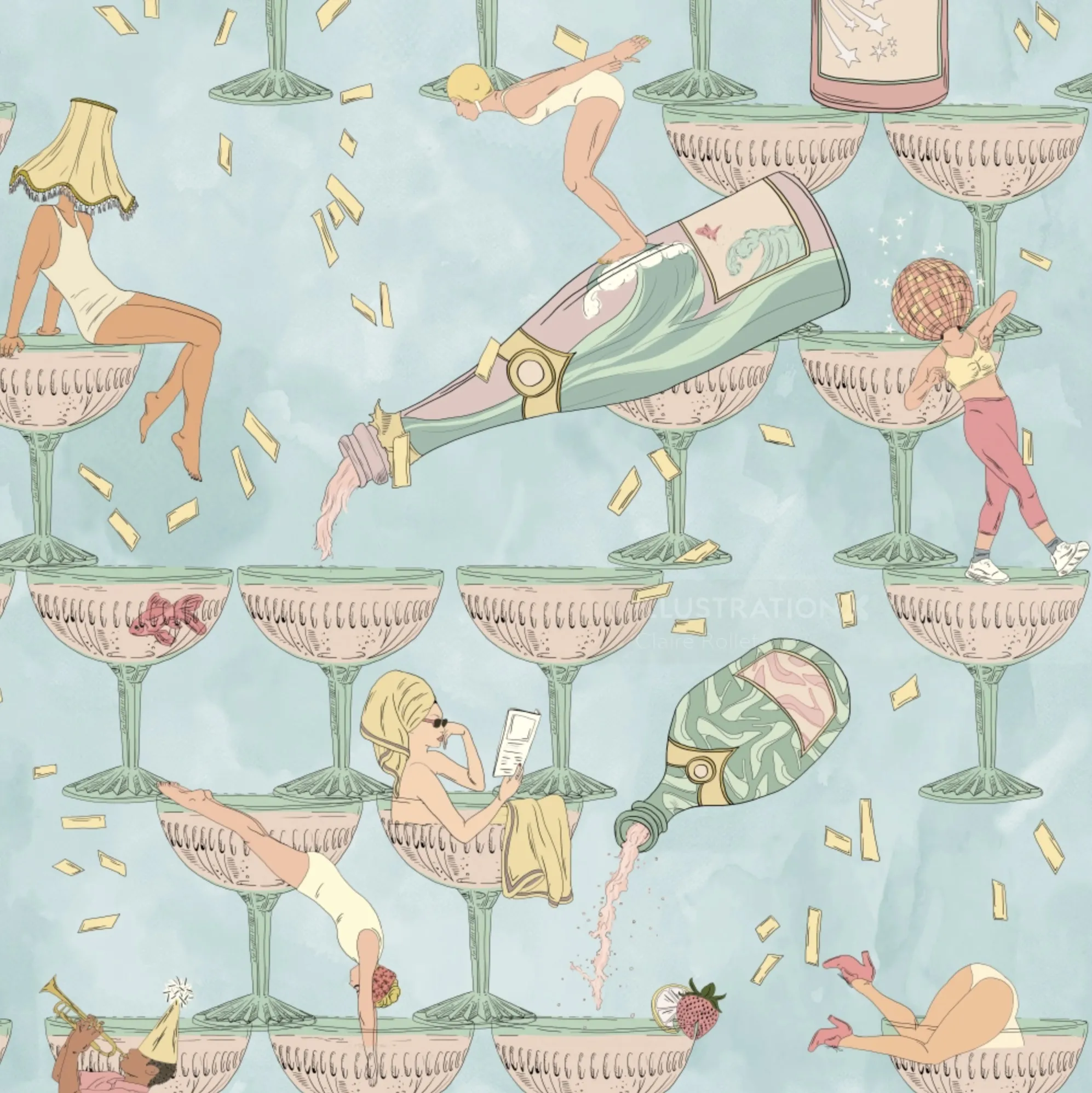 Pattern of champagne glasses with dancing women and confetti falling