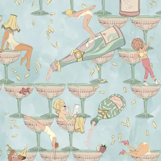 Pattern of champagne glasses with dancing women and confetti falling