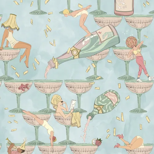 Pattern of champagne glasses with dancing women and confetti falling